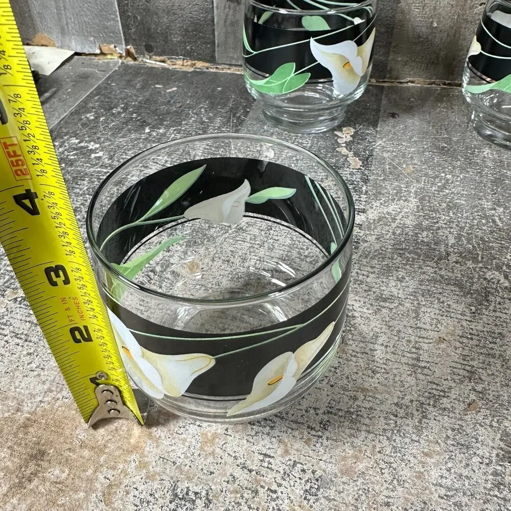 Sango Black Lilies Quadrille Glasses Tumblers‎ Set of 4 Juice Cocktail 8oz 1980s